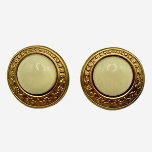Vintage 1980s Cream Acrylic Cabochon Dome Statement Earrings Gold Tone Pierced